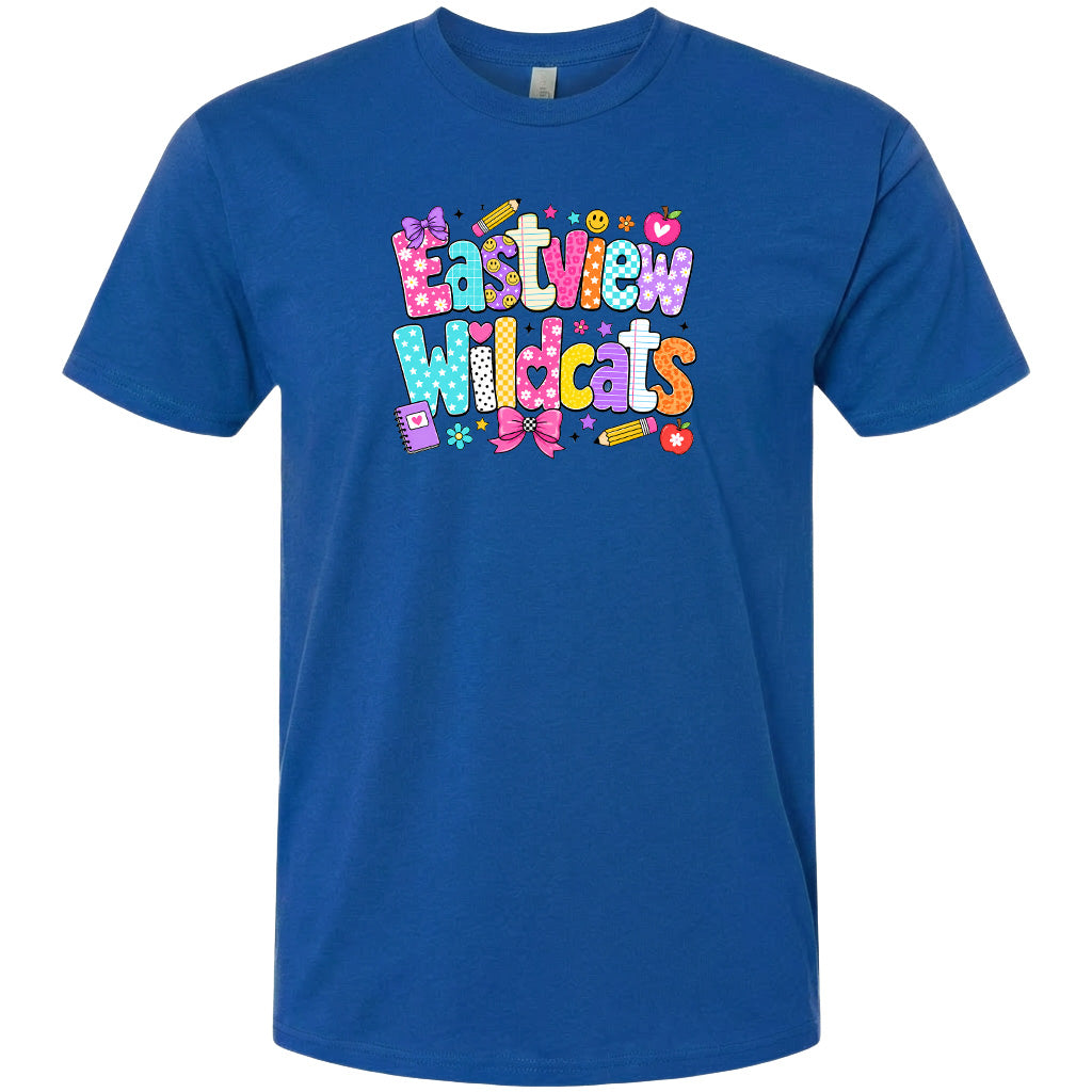 A blue t-shirt with the text "Eastview Wildcats" printed on it.