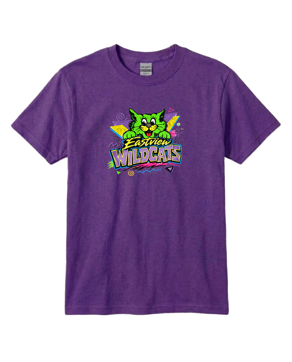 A purple t-shirt with a colorful graphic design featuring a cartoon cat and the text "Easton Wildcats".