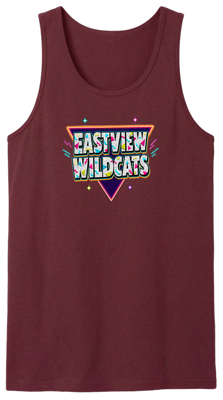 A burgundy tank top with a graphic design featuring the text "EASTVIEW WILDCATS" in a colorful, retro-style font.