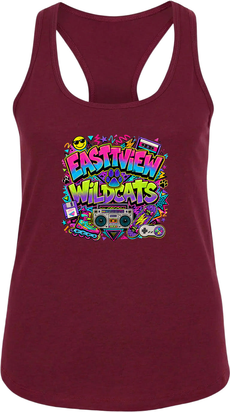 A burgundy tank top with a colorful graphic design featuring the text "EASTVIEW WILDCATS" surrounded by various icons and elements, such as a boombox, cassette tape, and other retro-style objects.