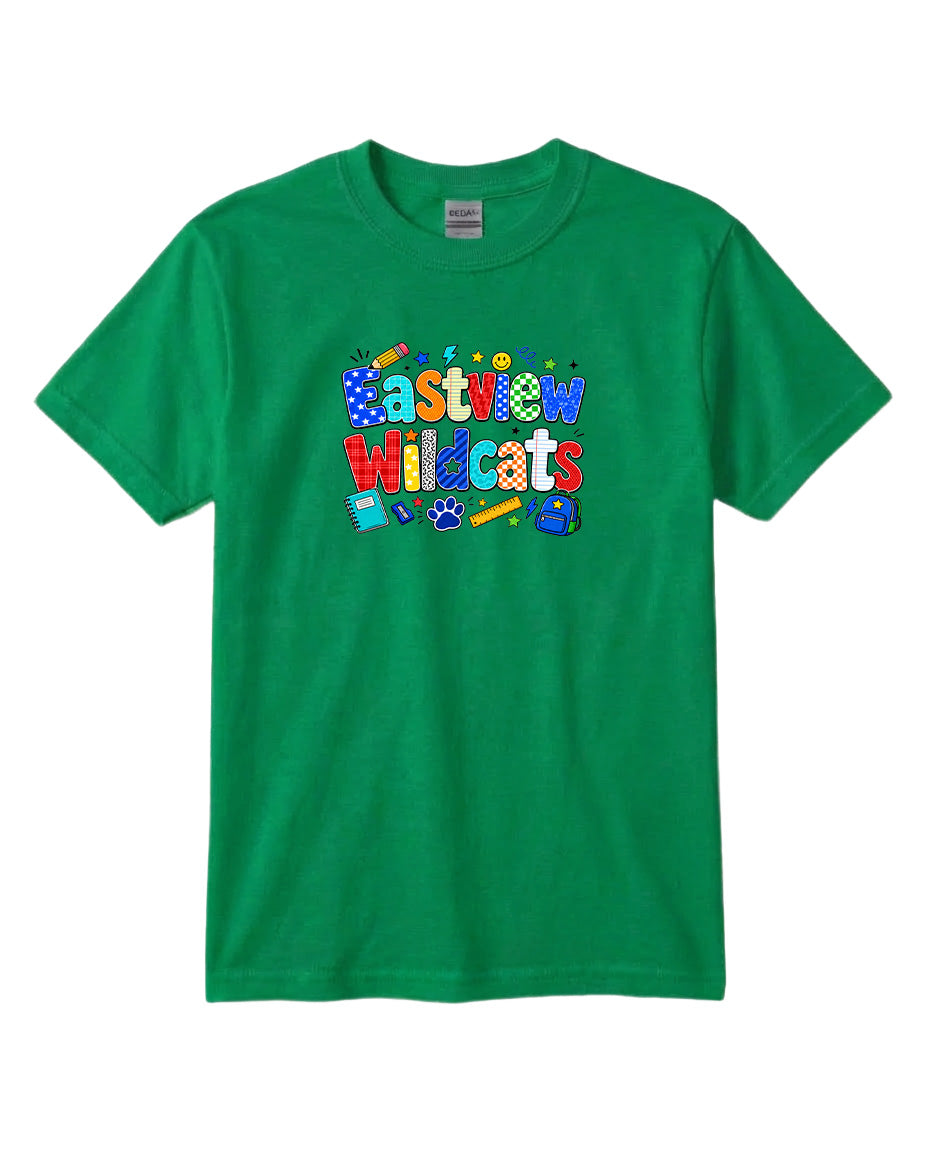 A green t-shirt with a colorful graphic design featuring the text "Eastview Wildcats" and various school-related icons.
