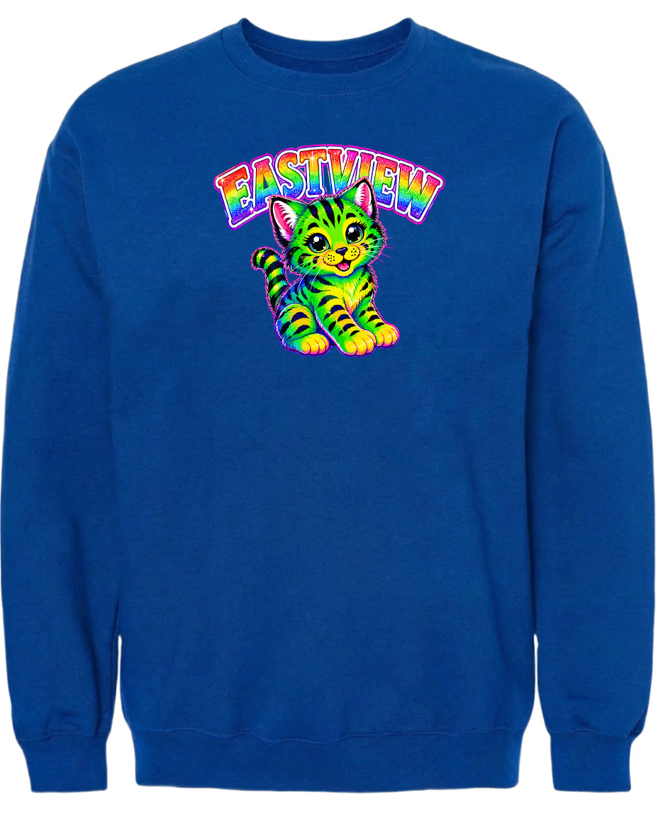 A blue sweatshirt with a colorful graphic of a cat and the text "EASTVIEW" printed on it.