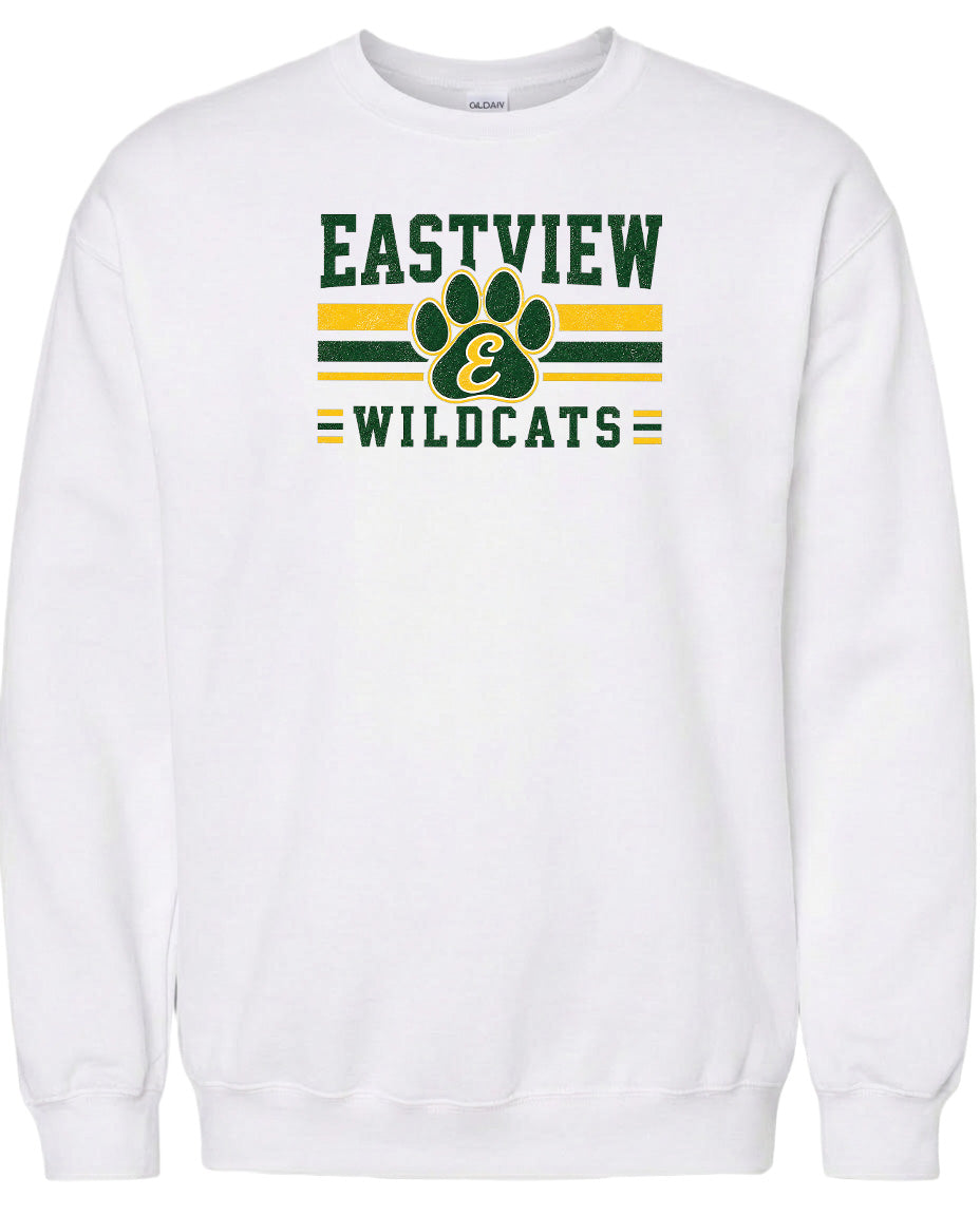 A white sweatshirt with the text "EASTVIEW WILDCATS" printed on it.