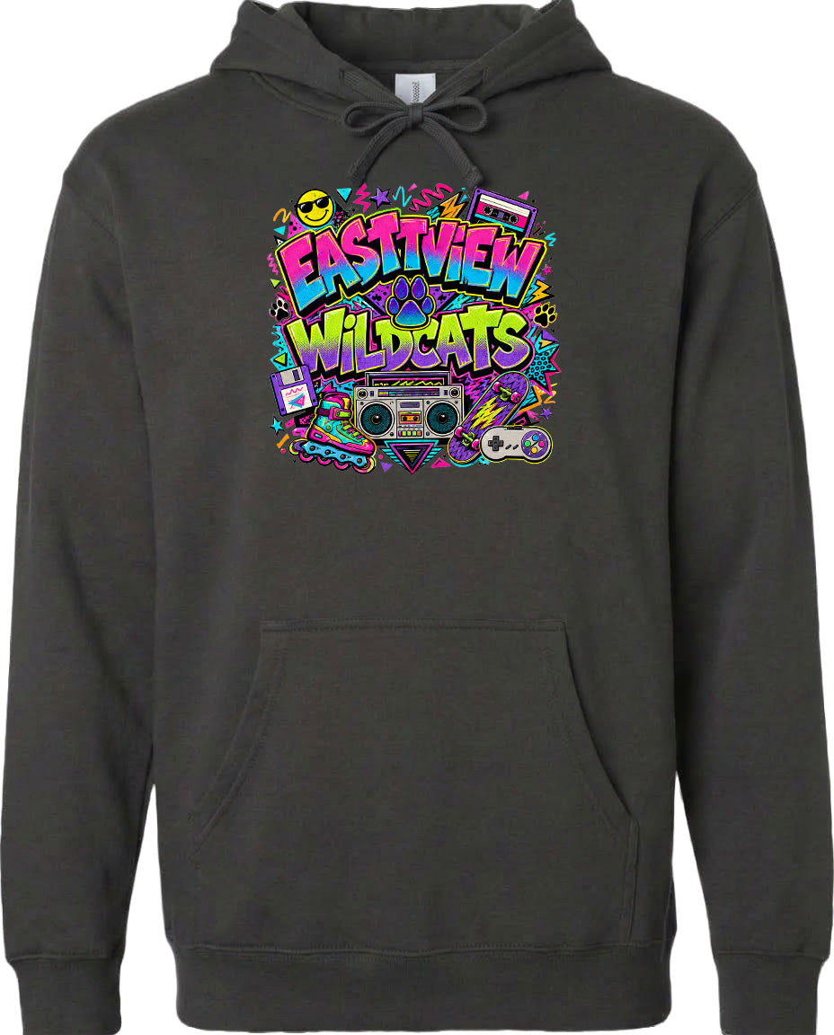 A hoodie with a graphic design featuring a boombox surrounded by colorful, retro-style elements such as a peace sign, a cassette tape, and a video game controller.