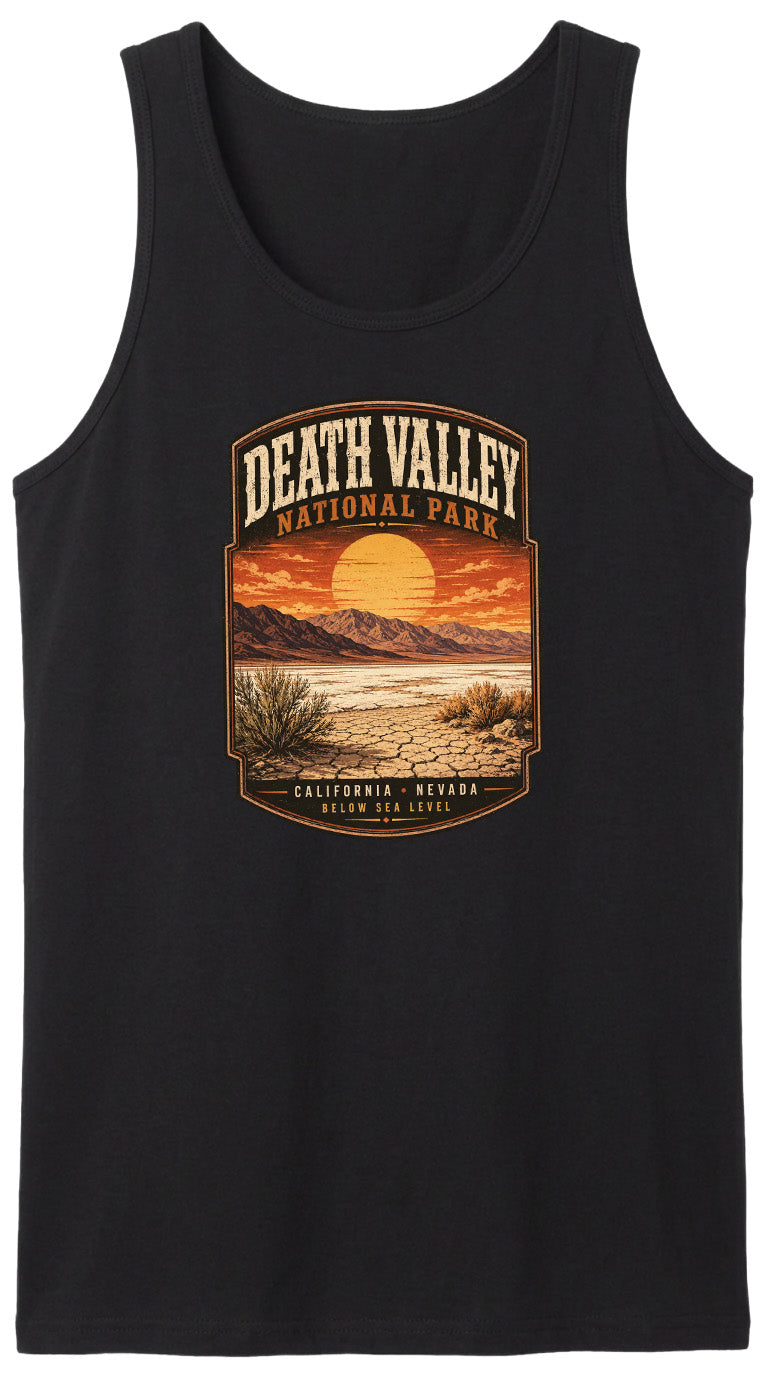 a black tank top with a graphic design depicting Death Valley National Park, including a sunset landscape and desert scenery.