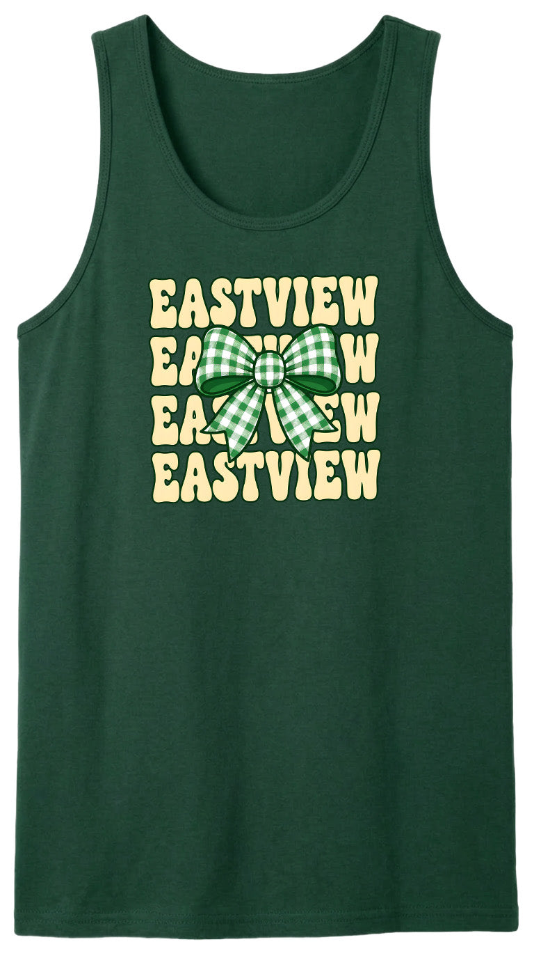 A green tank top with a bow and the text "EASTVIEW" repeated in a vertical pattern.