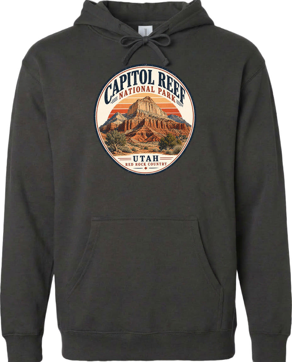 A hoodie with a circular graphic design featuring the Capitol Reef National Park in Utah.