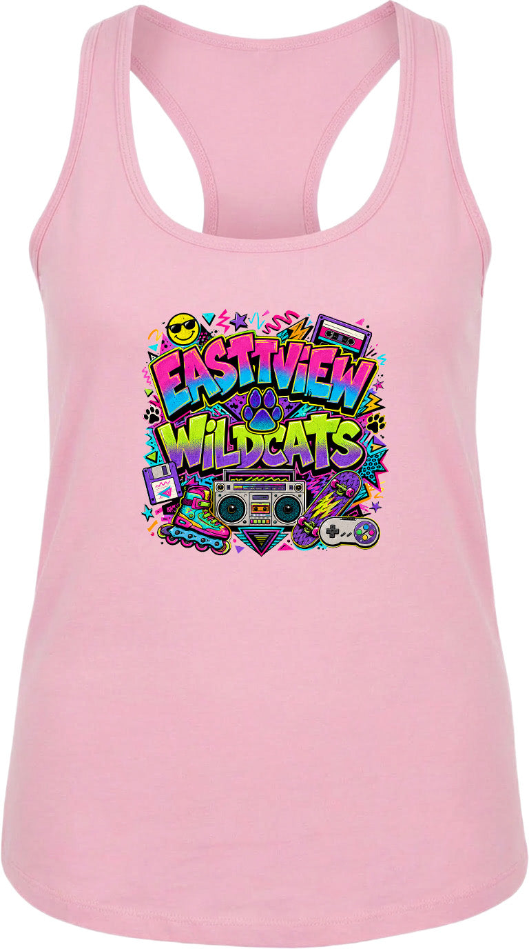 A pink tank top with a colorful graphic design featuring a boombox surrounded by various pop culture elements such as a cassette tape, a cassette tape player, and a cassette tape.
