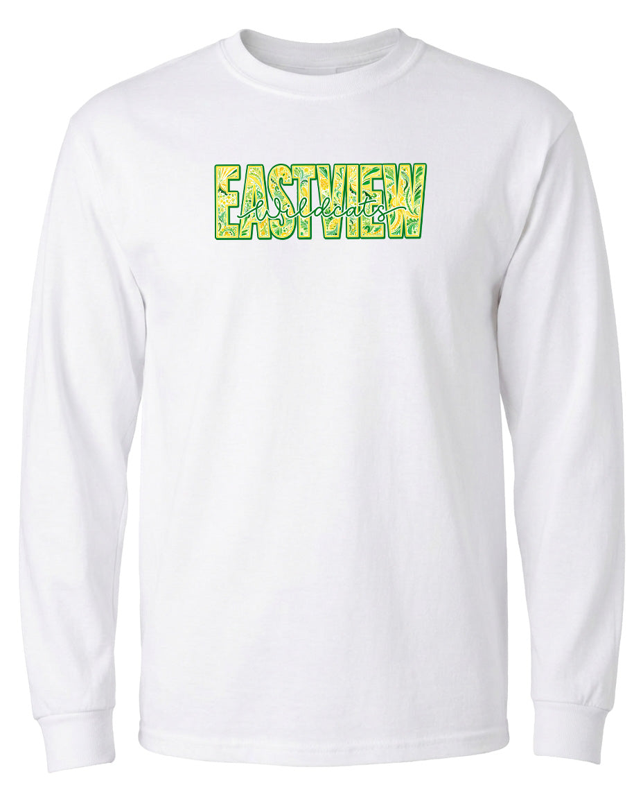 A white long-sleeved t-shirt with the word "EASTVIEW" printed on it in a stylized font.