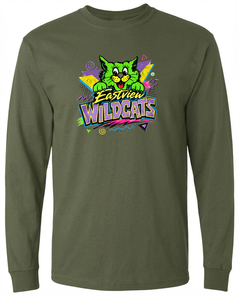 A long-sleeved green t-shirt with a colorful graphic design featuring a cartoon cat and the text "EASTVIEW WILDCATS".