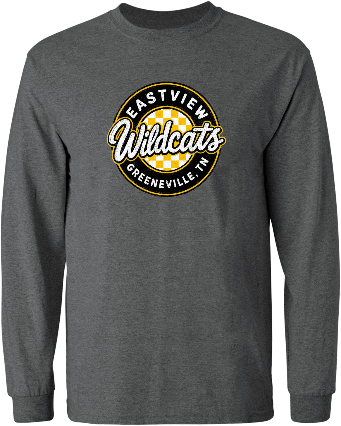 A gray long-sleeved shirt with a circular logo on the front. The logo features the text "EASTVIEW Wildcats" and "Greeneville, TN" in a stylized font.