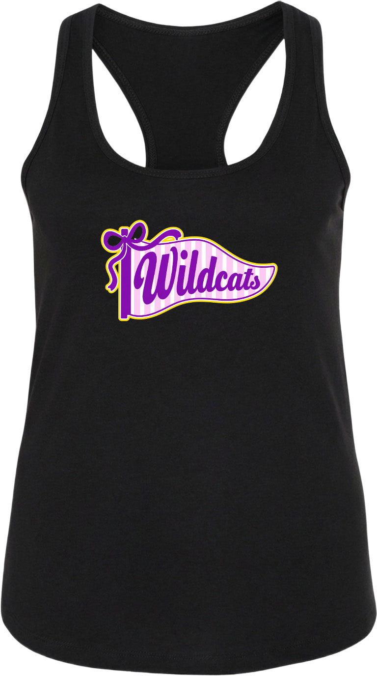 A black tank top with a purple and yellow graphic design featuring the text "Wildcats" on it.