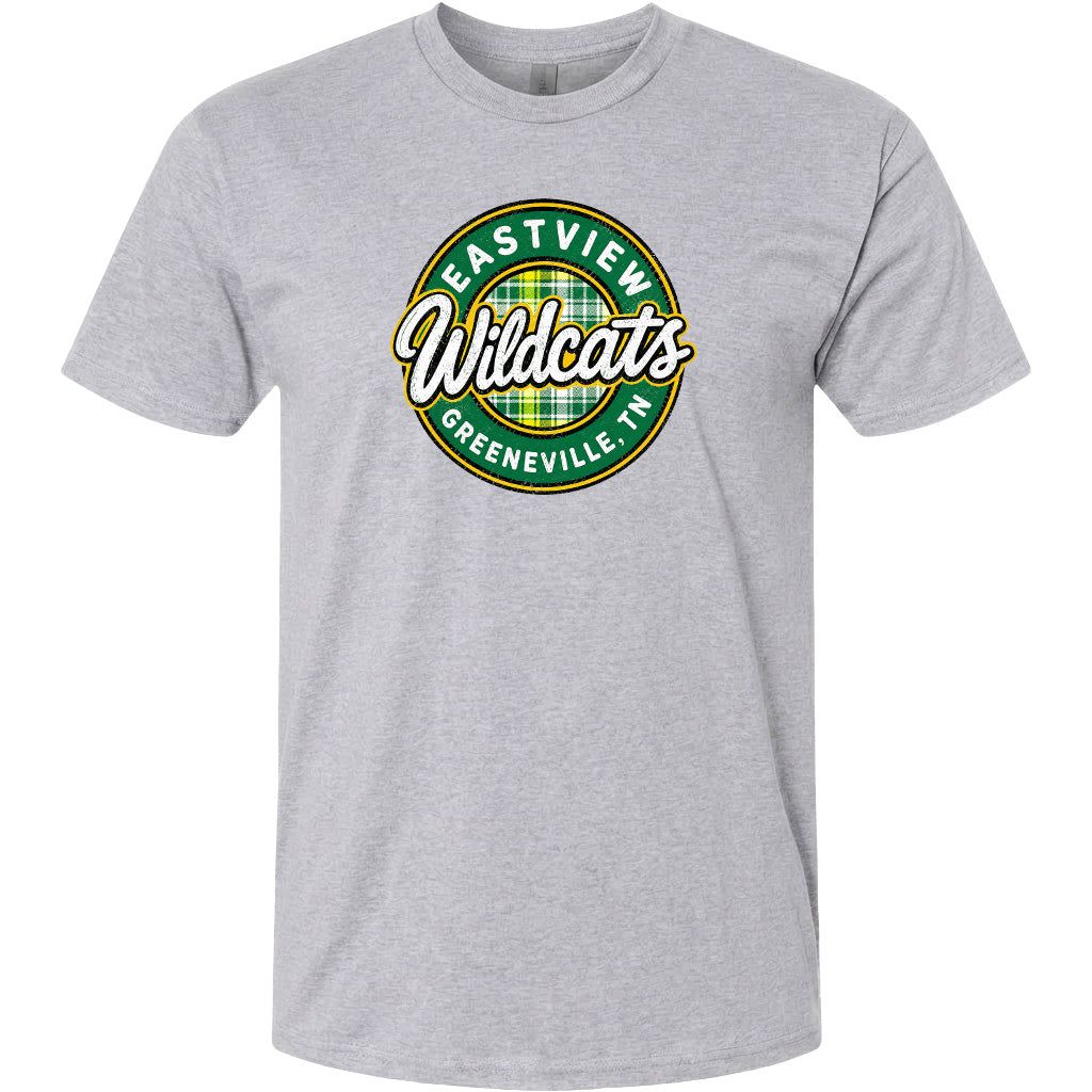 A gray t-shirt with a circular logo that says "EASTVIEW Wildcats Greeneville, TN".