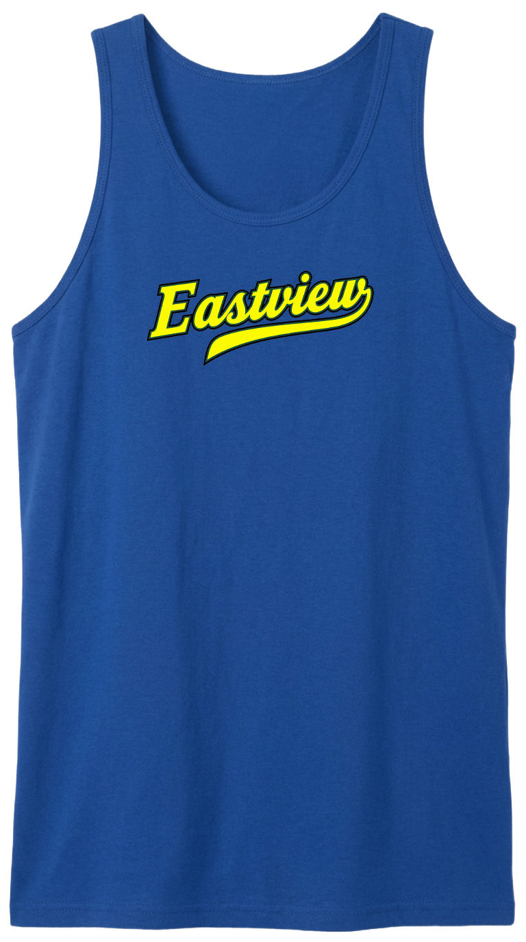 A blue tank top with the word "Eastview" printed in yellow on it.