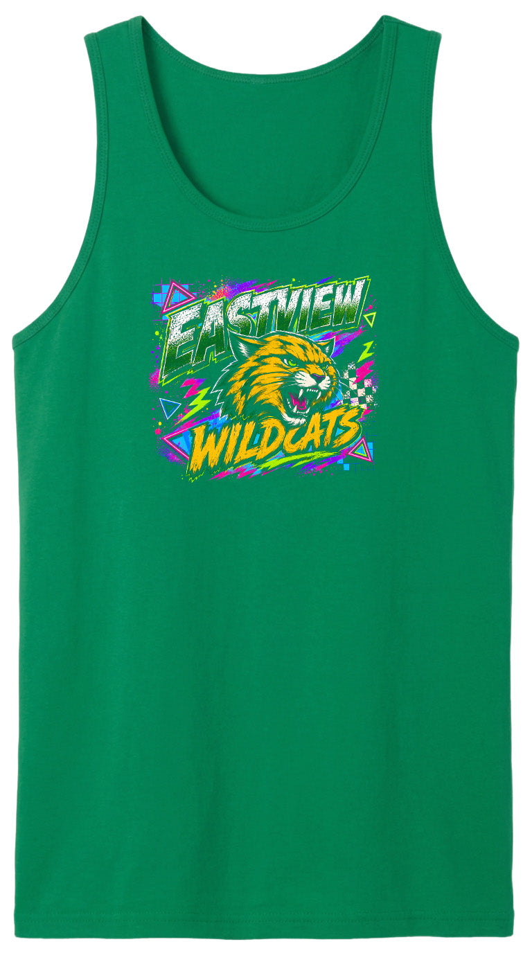 A green tank top with a graphic design featuring a cartoon-like wildcat and the text "EASTVIEW WILDCATS".