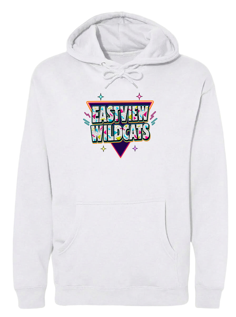 A white hoodie with a colorful graphic design featuring the text "EASTVIEW WILDCATS" and various decorative elements.