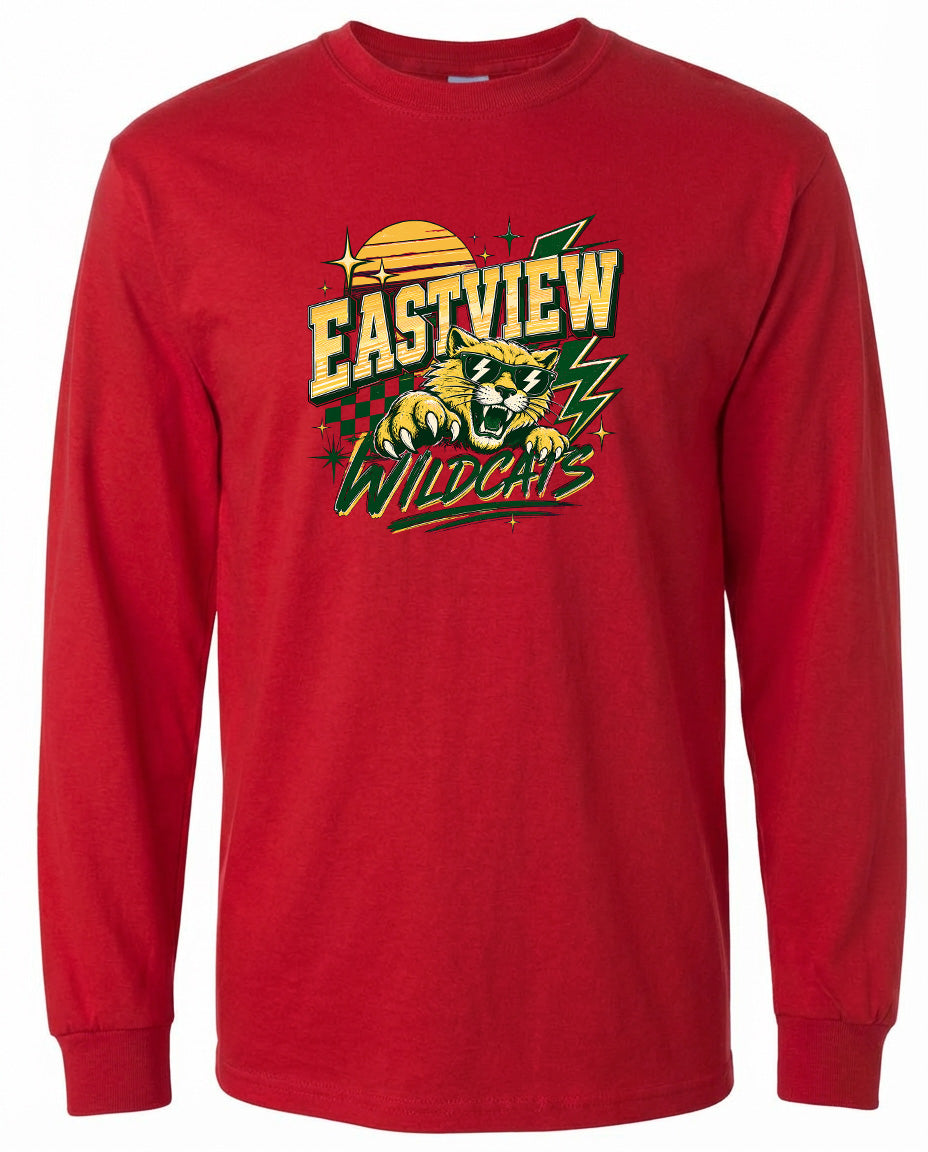 A red long-sleeved t-shirt with a graphic design featuring a tiger and the text "EASTVIEW WILDCATS".
