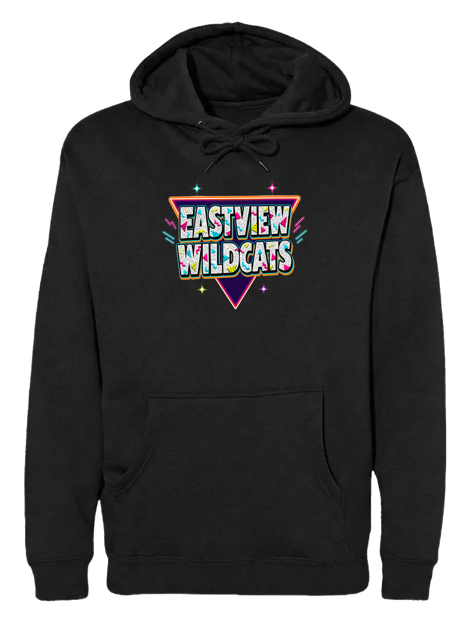 A black hoodie with a colorful graphic design on the front.