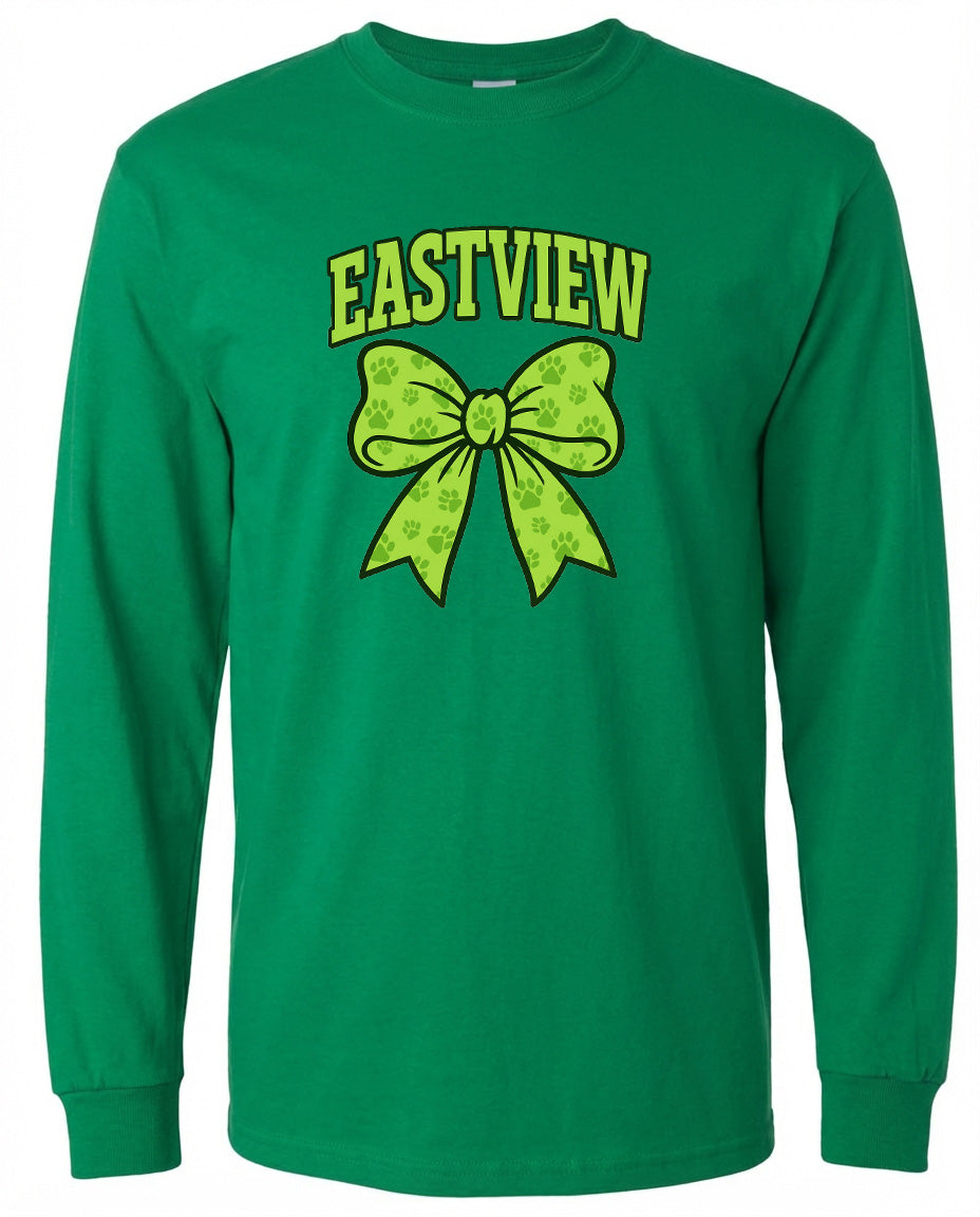 A long-sleeved green t-shirt with a yellow bow and the word "EASTVIEW" printed on it.