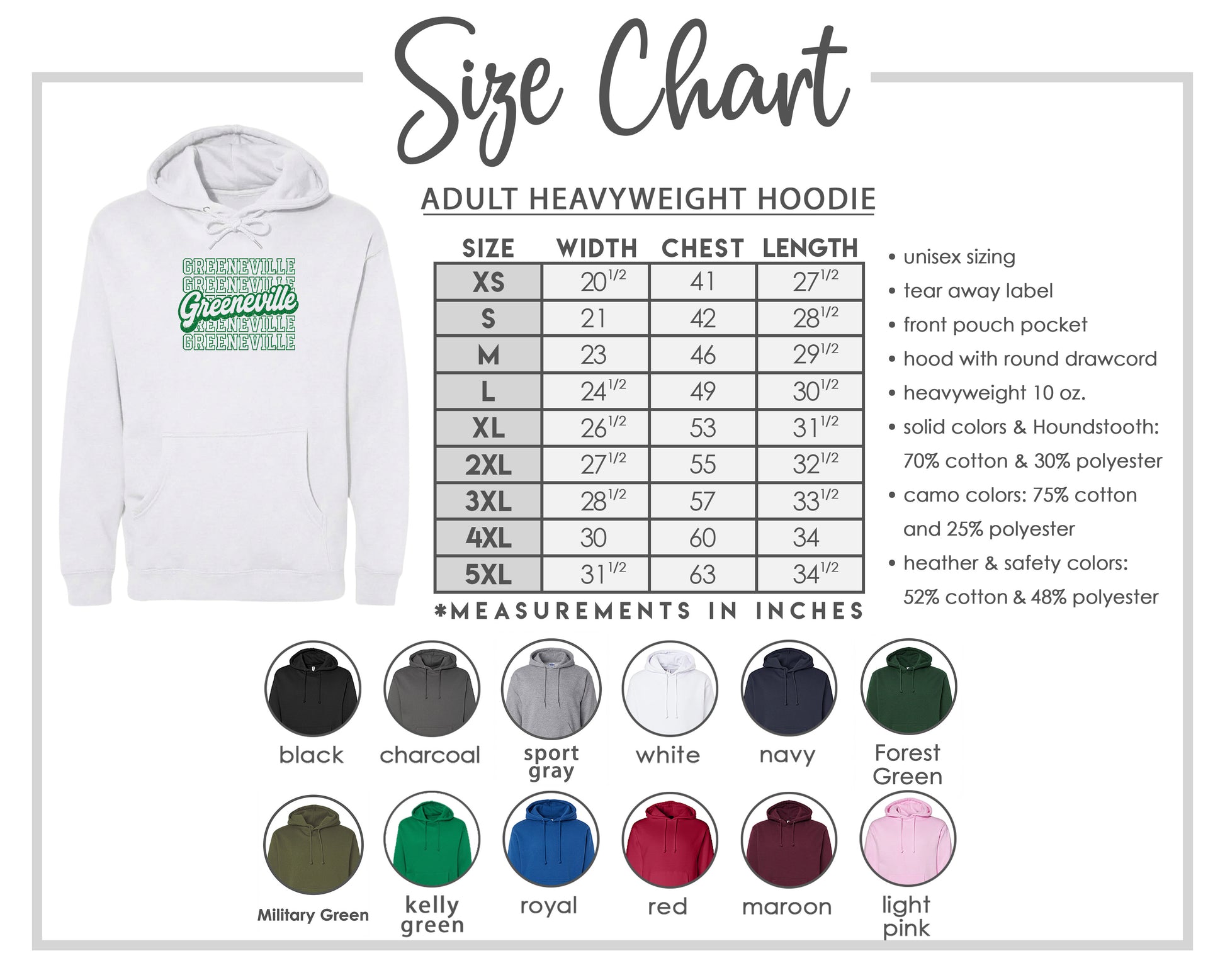 The image is a size chart for an adult heavyweight hoodie, including various color options and measurements in inches.