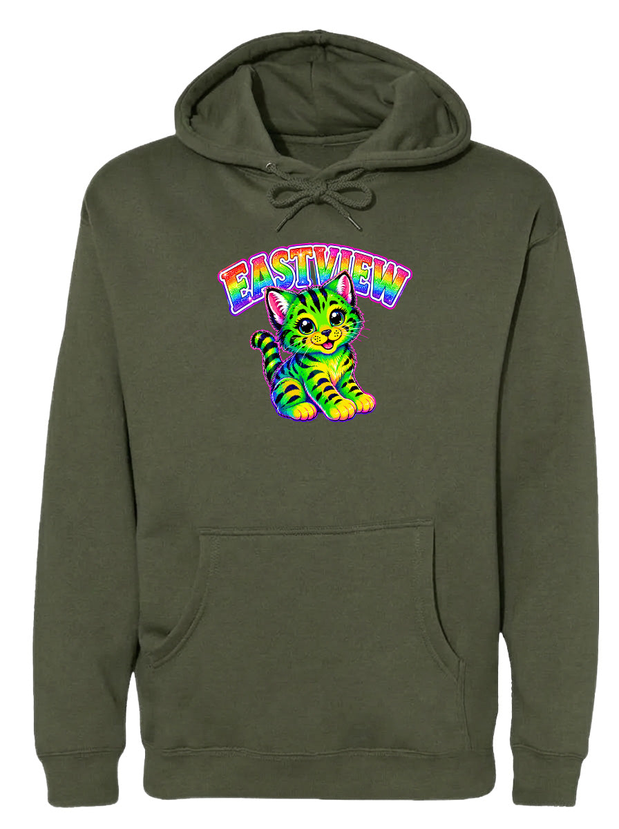 A green hoodie with a colorful graphic of a cat and the text "EASTVIEW" printed on it.
