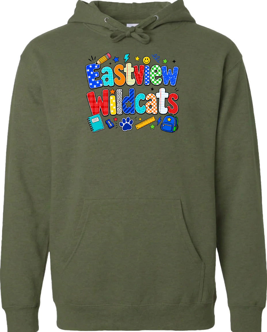 A green hoodie with a colorful graphic design featuring the text "Eastview Wildcats" and various school-related icons such as a backpack, pencil, and ruler.