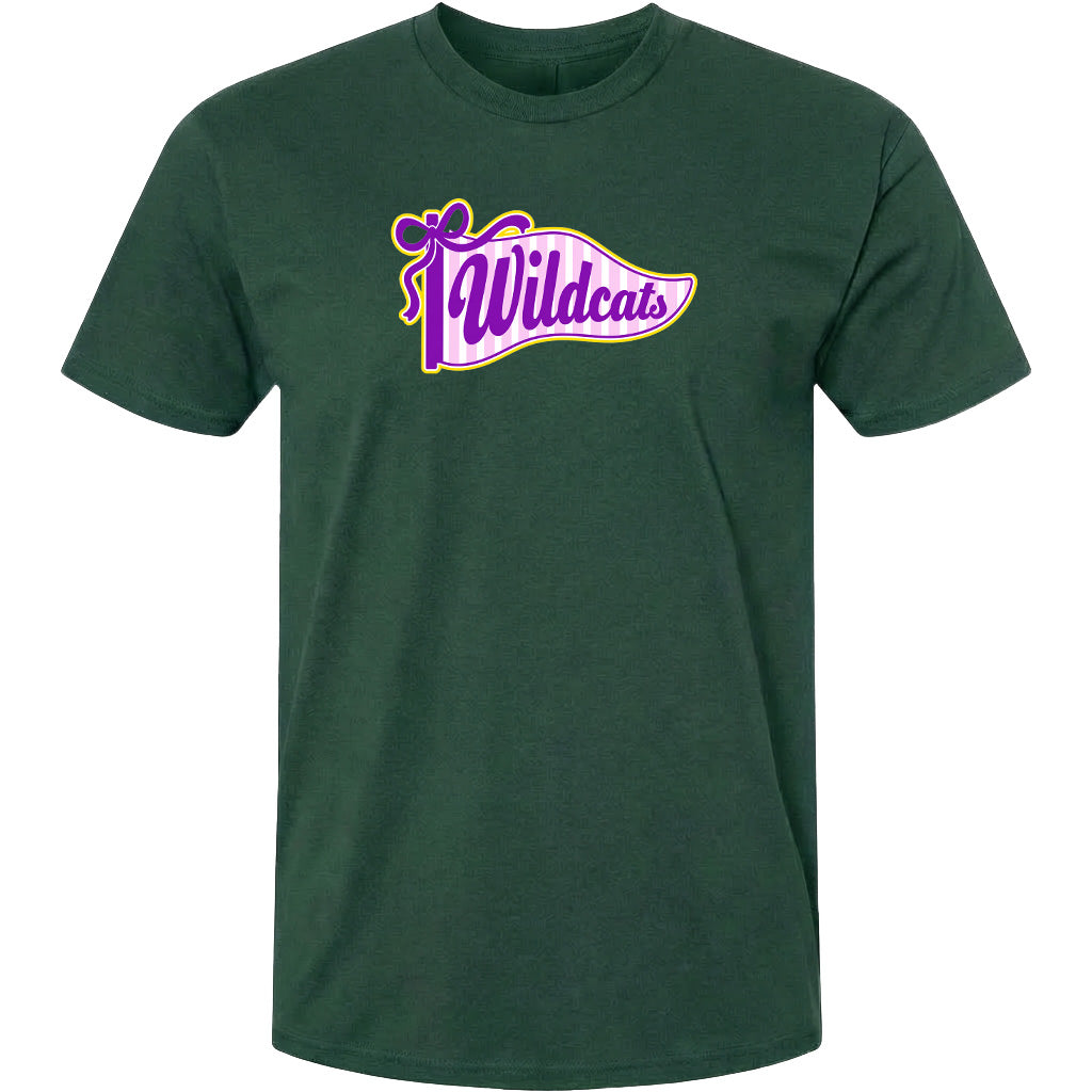 A dark green t-shirt with a graphic design featuring the text "Wildcats" in purple and yellow colors.