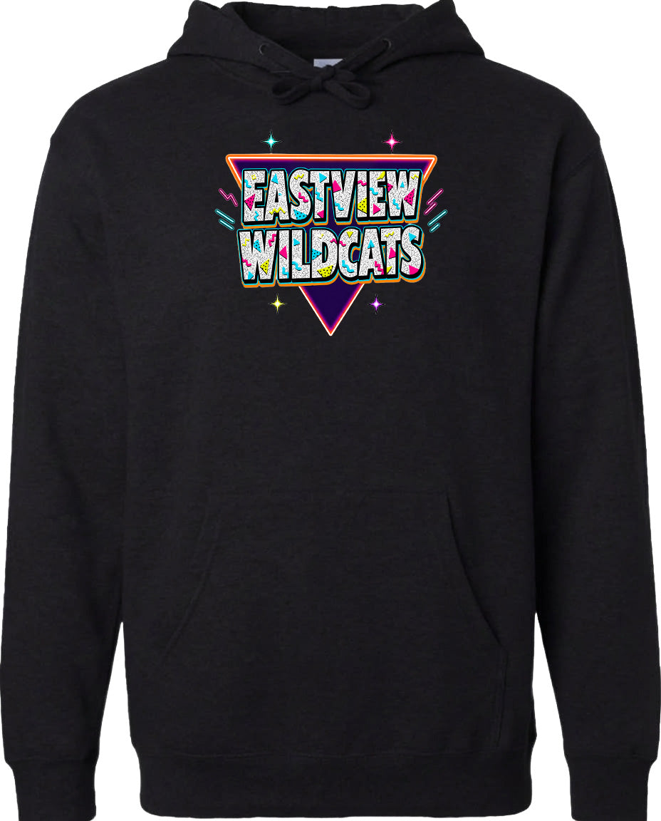 A black hoodie with a colorful graphic design on the front.