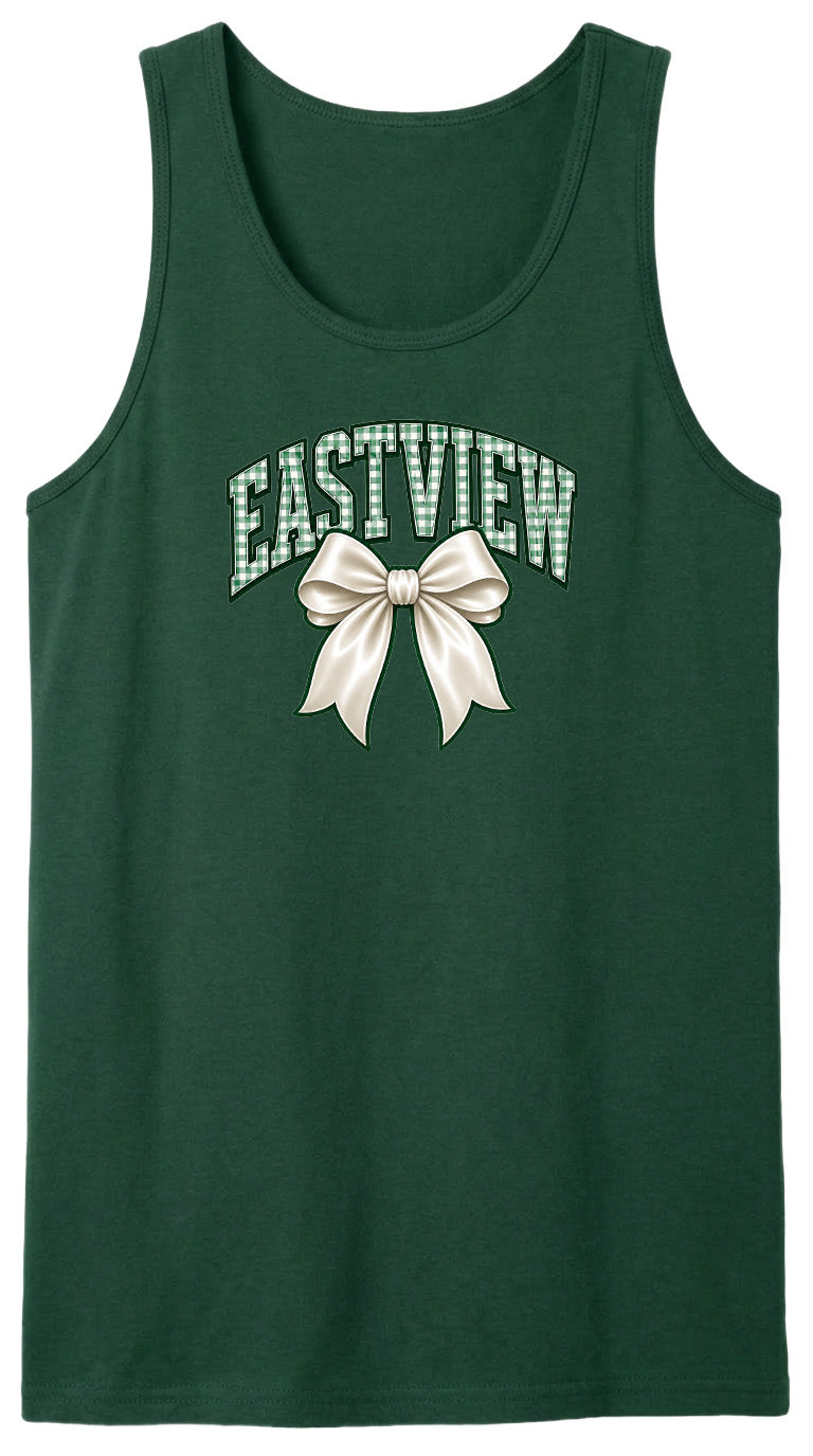 A green tank top with the word "EASTVIEW" and a bow graphic printed on it.