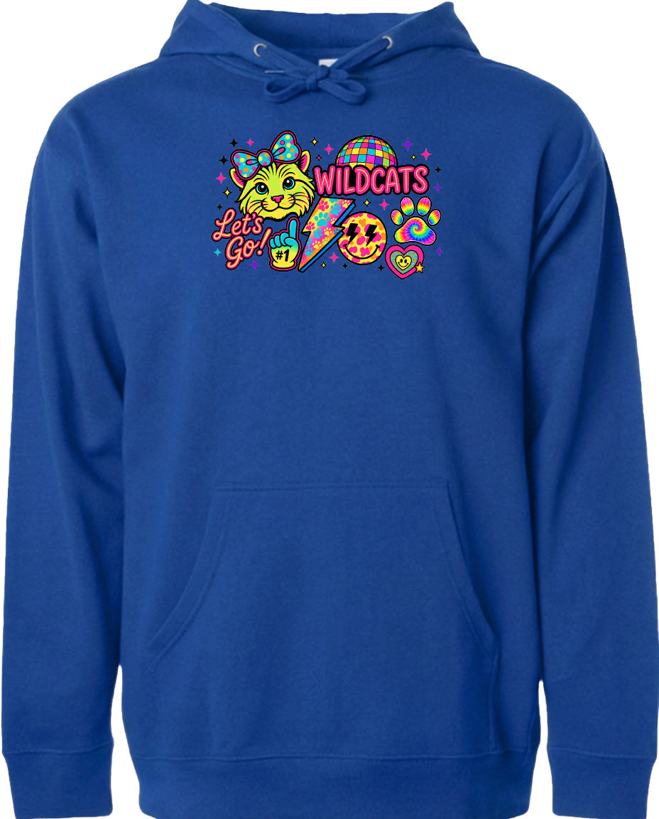 A blue hoodie with a colorful graphic design featuring a cat, a smiley face, and the text "Let's Go!" along with the word "WILDCATS".