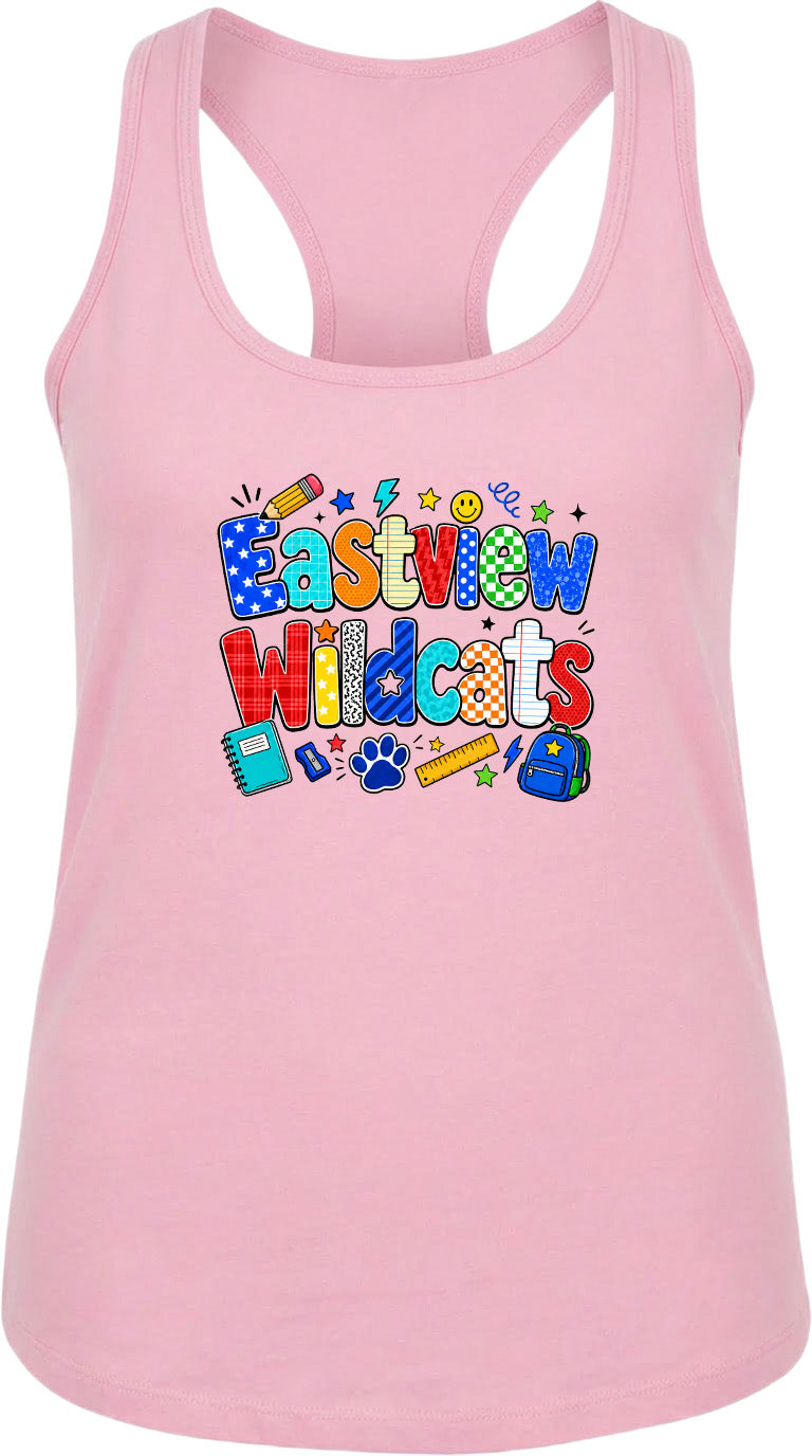 A pink tank top with a colorful graphic design featuring the text "Eastview Wildcats" and various school-related icons such as a backpack, pencil, and calculator.