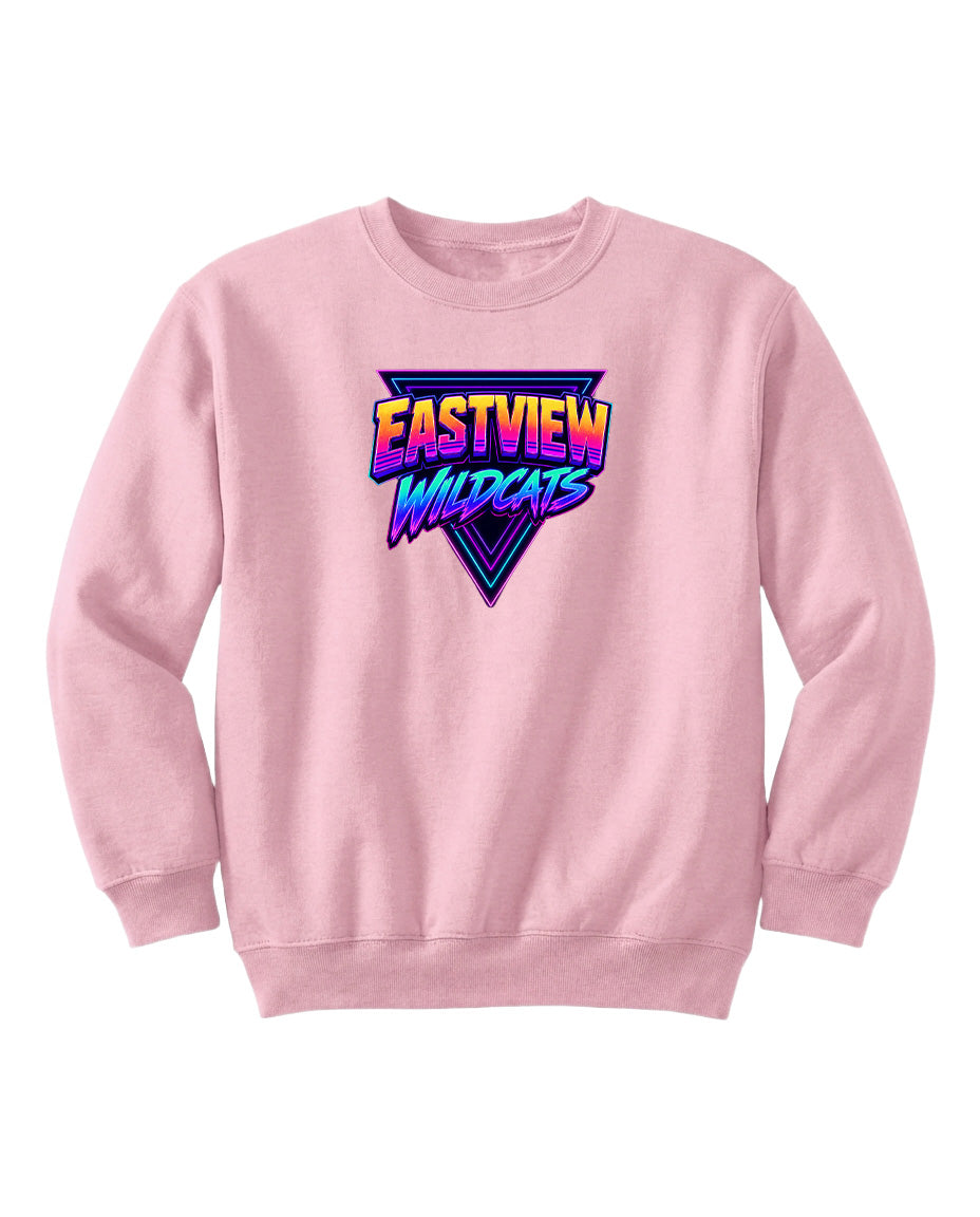 A pink sweatshirt with a graphic design featuring the text "EASTVIEW WILDCATS" in a colorful, retro-style font.