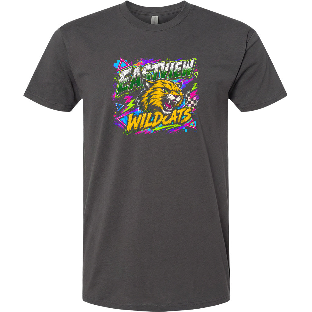 A gray t-shirt with a graphic design featuring a cartoon-like tiger or lion with a fierce expression, surrounded by colorful, abstract shapes and patterns.