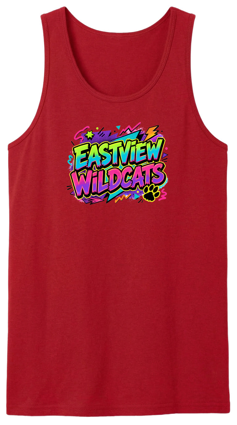 A red tank top with a colorful graphic design featuring the text "EASTVIEW WILDCATS" in a vibrant, graffiti-style font.