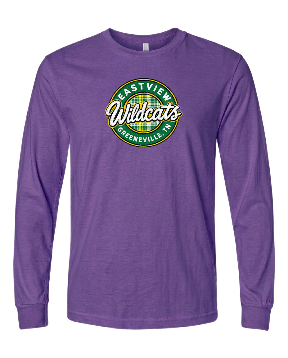 A purple long-sleeved t-shirt with a circular logo on the front.