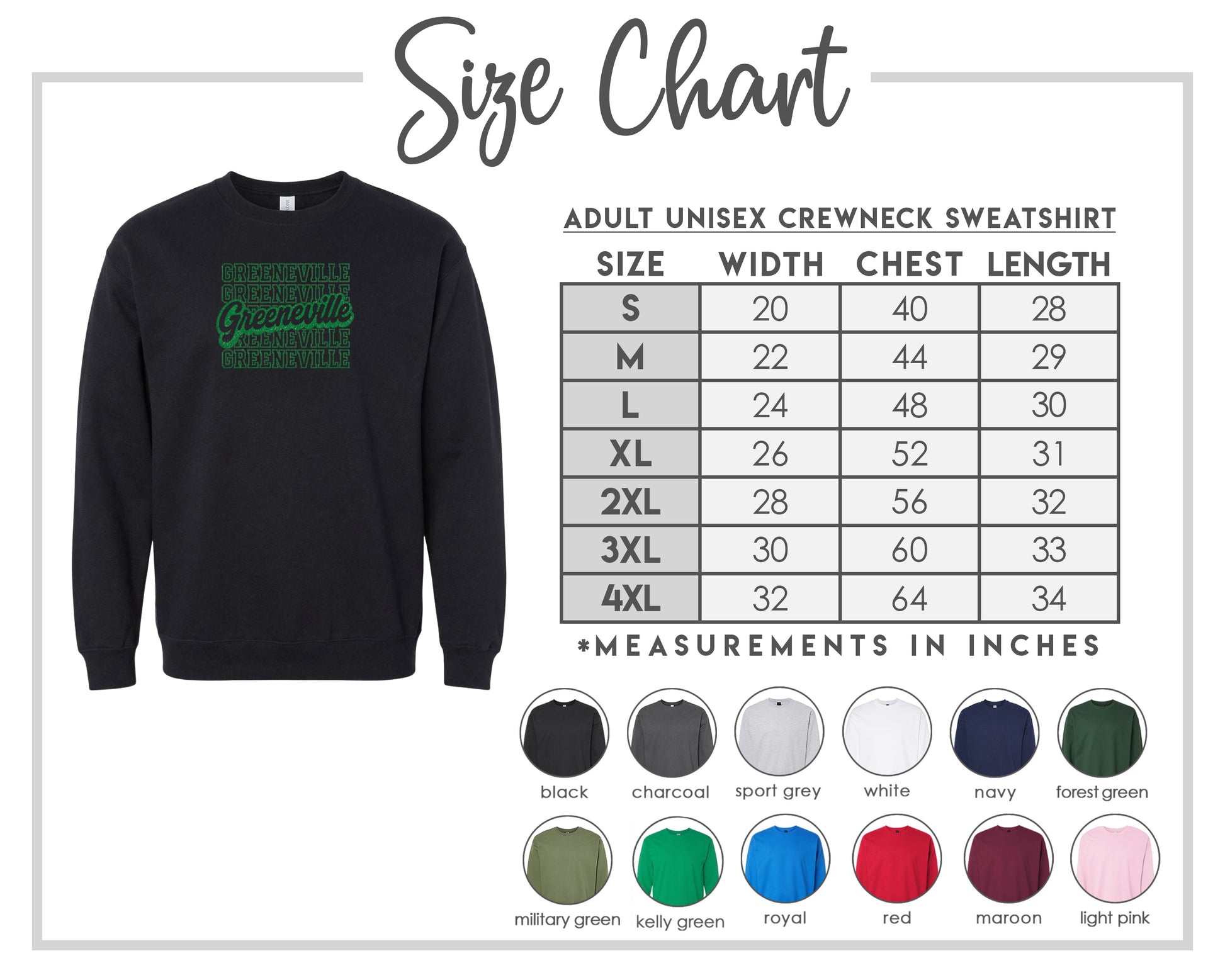 The image is a size chart for an adult unisex crewneck sweatshirt, showing the measurements for different chest sizes.