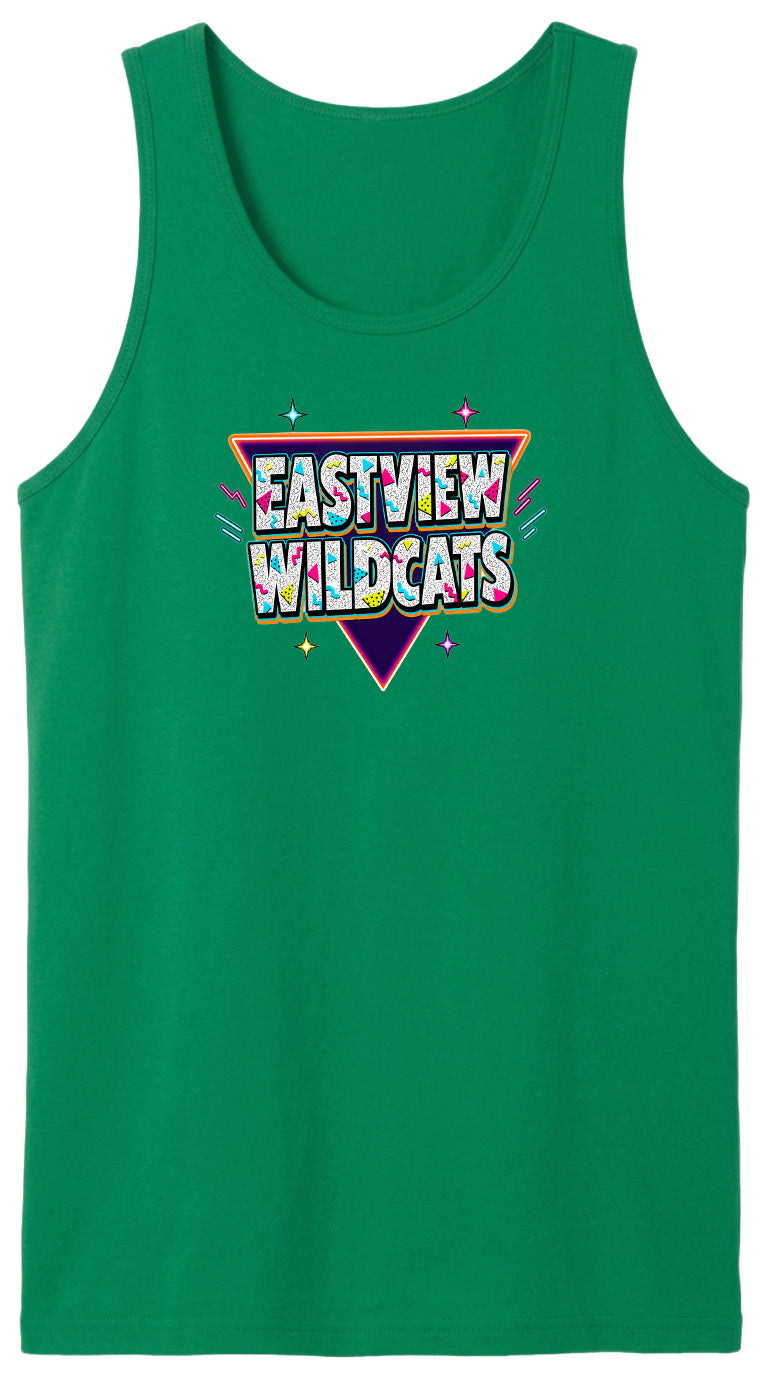 A green tank top with a colorful graphic design featuring the text "EASTVIEW WILDCATS" in a retro style.