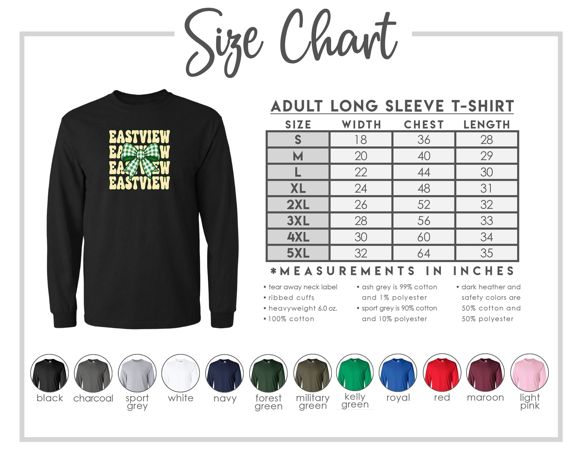 The image is a size chart for an adult long sleeve t-shirt, showing the measurements and corresponding shirt colors.