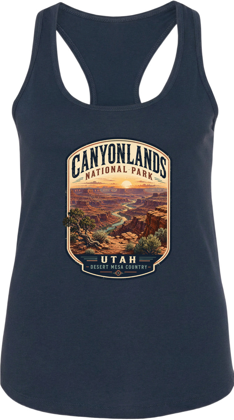 A graphic design on a dark tank top depicting the scenic landscape of Canyonlands National Park in Utah, with a sunset over the Grand Canyon.