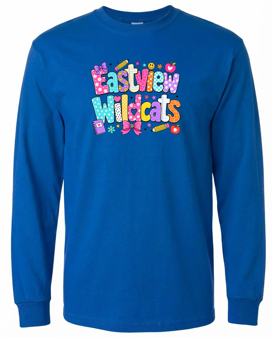 A blue long-sleeved shirt with the text "Eastview Wildcats" printed on it.