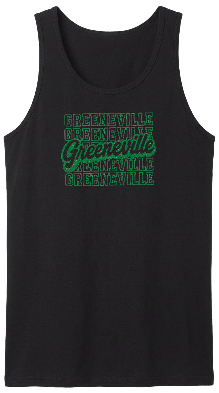 A black tank top with the text "Greeneville" printed in green on it.