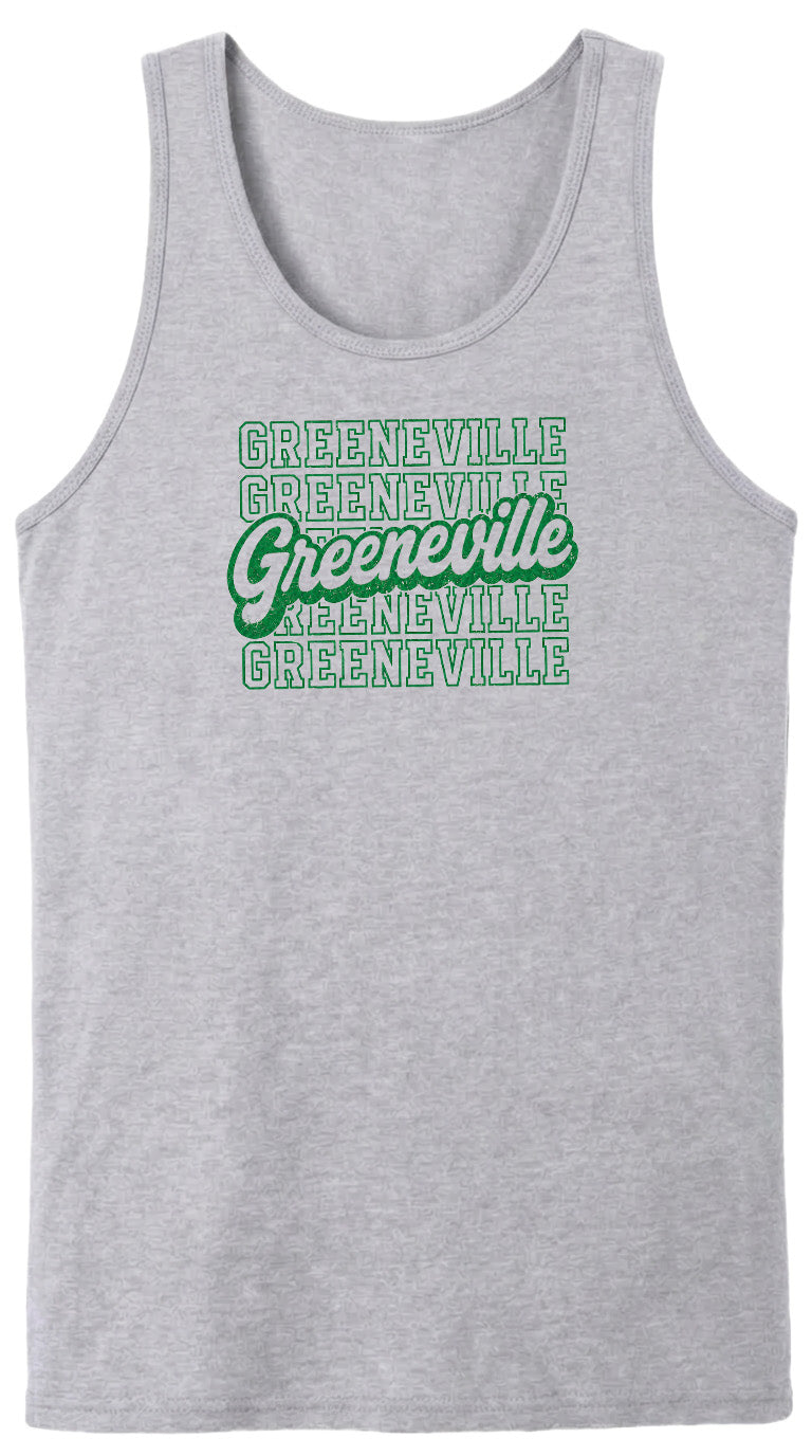 A gray tank top with the text "GREENVILLE" printed in green and white on it.