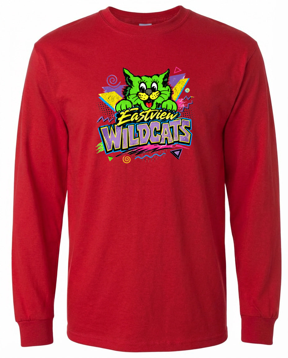 A red long-sleeved t-shirt with a colorful graphic design featuring a cartoon cat and the text "Eastview Wildcats".