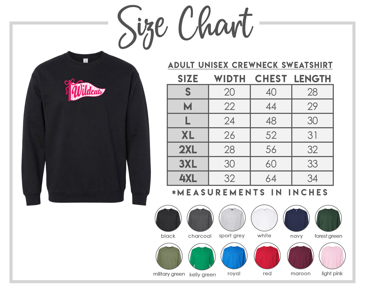 The image is a size chart for an adult unisex crewneck sweatshirt. It includes a black crewneck sweatshirt with a pink "Wildcats" logo and a table with size measurements and corresponding crew neck sizes.