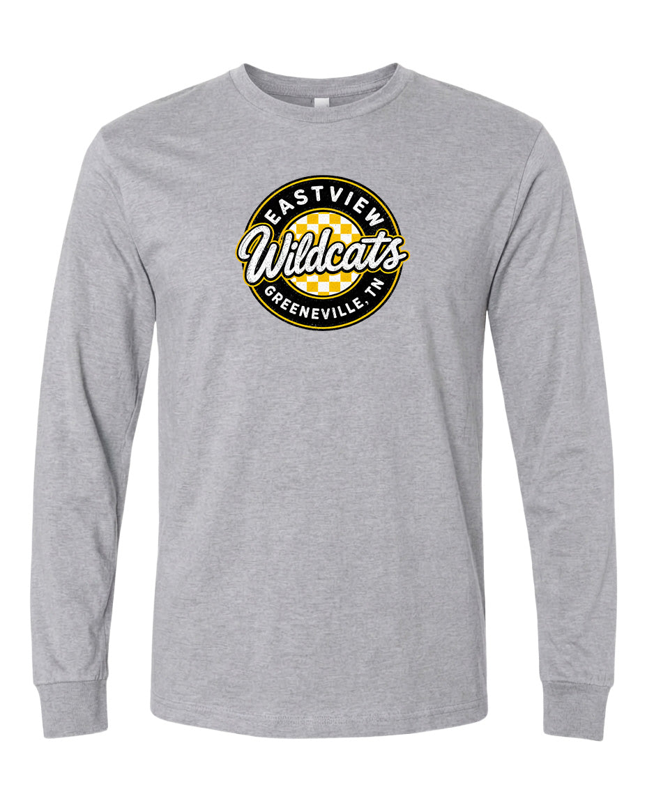 A gray long-sleeved t-shirt with a circular logo on the front.