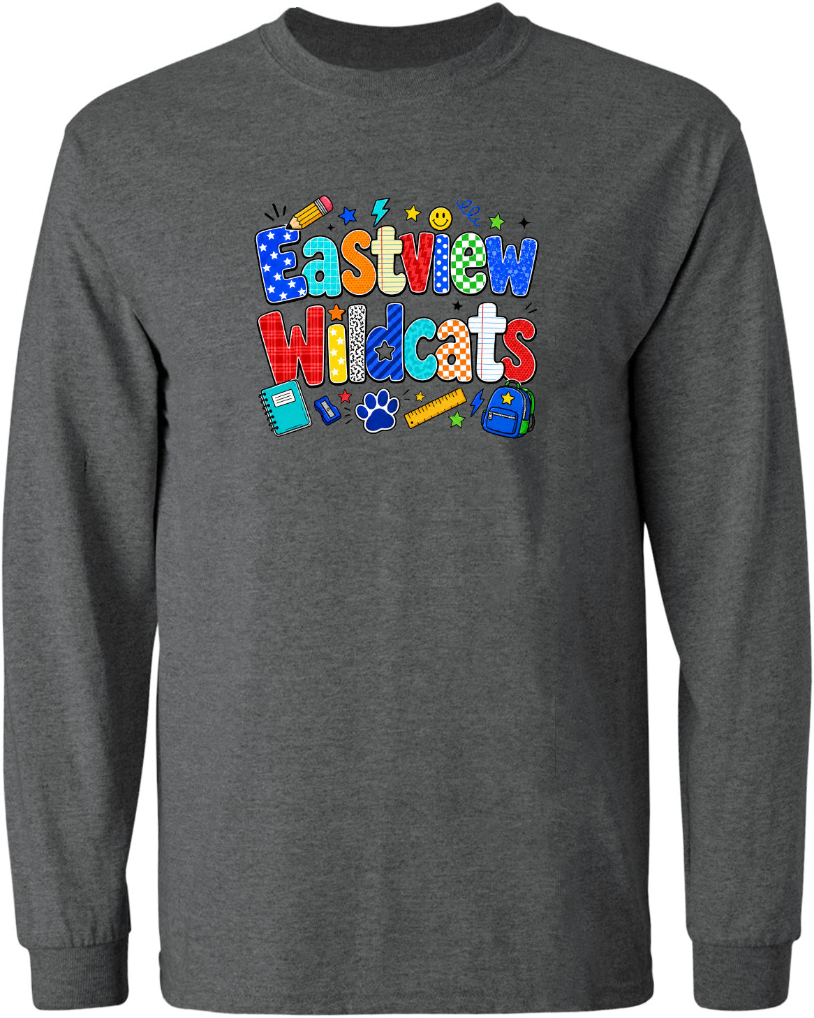 A gray long-sleeved shirt with a colorful graphic design featuring the text "Eastview Wildcats" and various school-related icons such as a backpack, pencil, ruler, and smiley face.