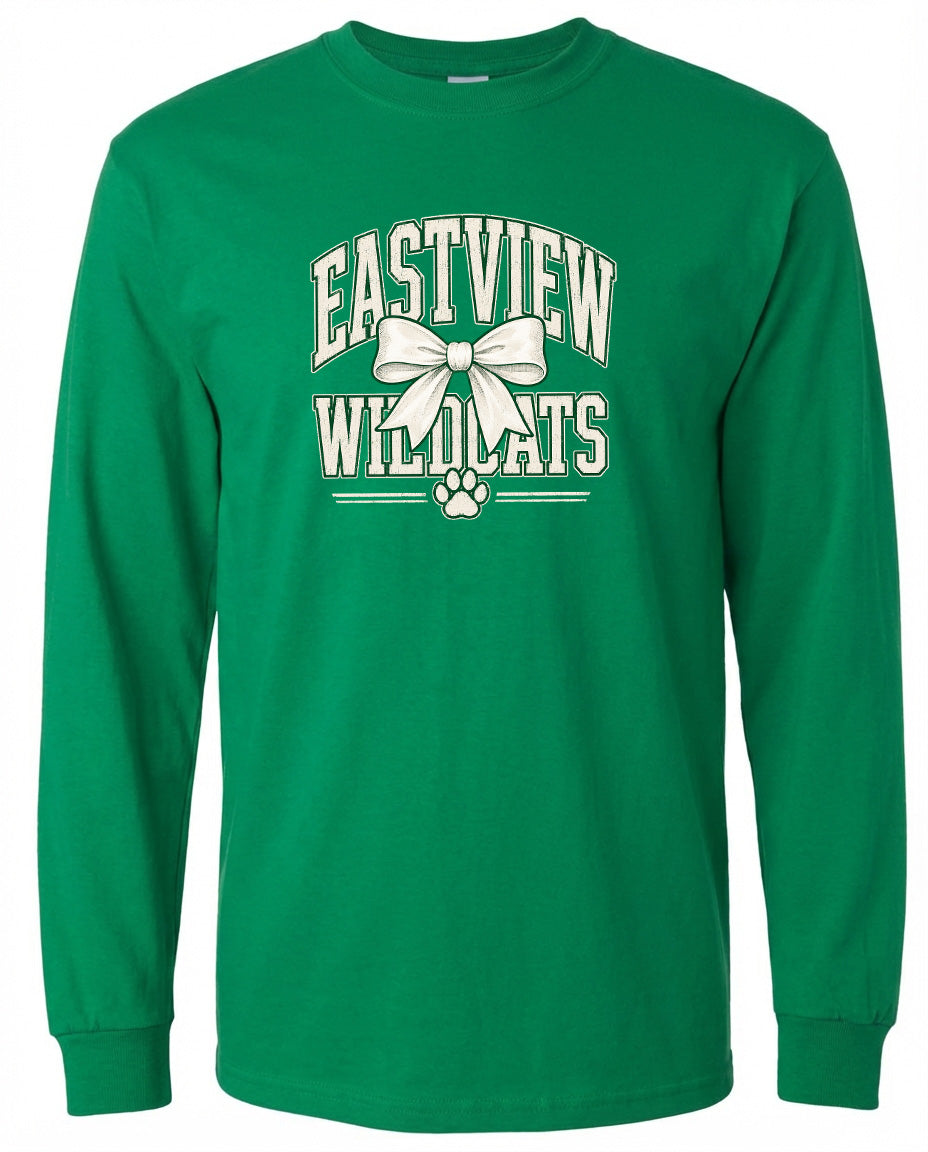 A bright green long-sleeved shirt with the text "EASTVIEW WILDCATS" printed on it.