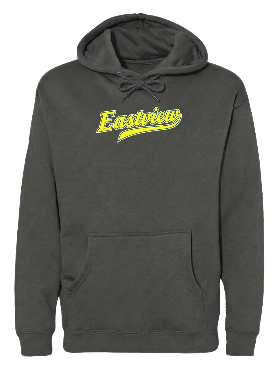 A gray hoodie with the word "Eastview" printed in yellow on the front.