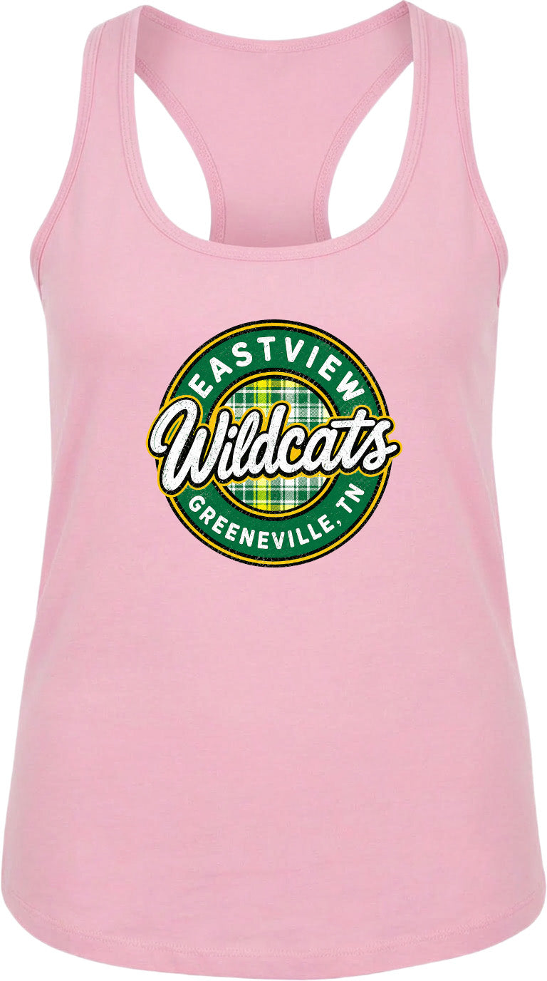 A pink tank top with a graphic design featuring the text "EASTVIEW Wildcats" and "Greeneville, TN" printed on it.