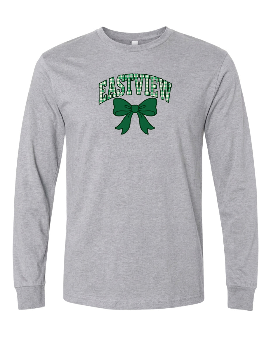 A gray long-sleeved t-shirt with a green bow and the word "EASTVIEW" printed on it.